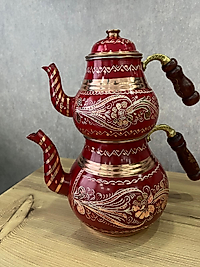 Bakır Erzincan İşlemeli Kırmızı Çaydanlık Takımı