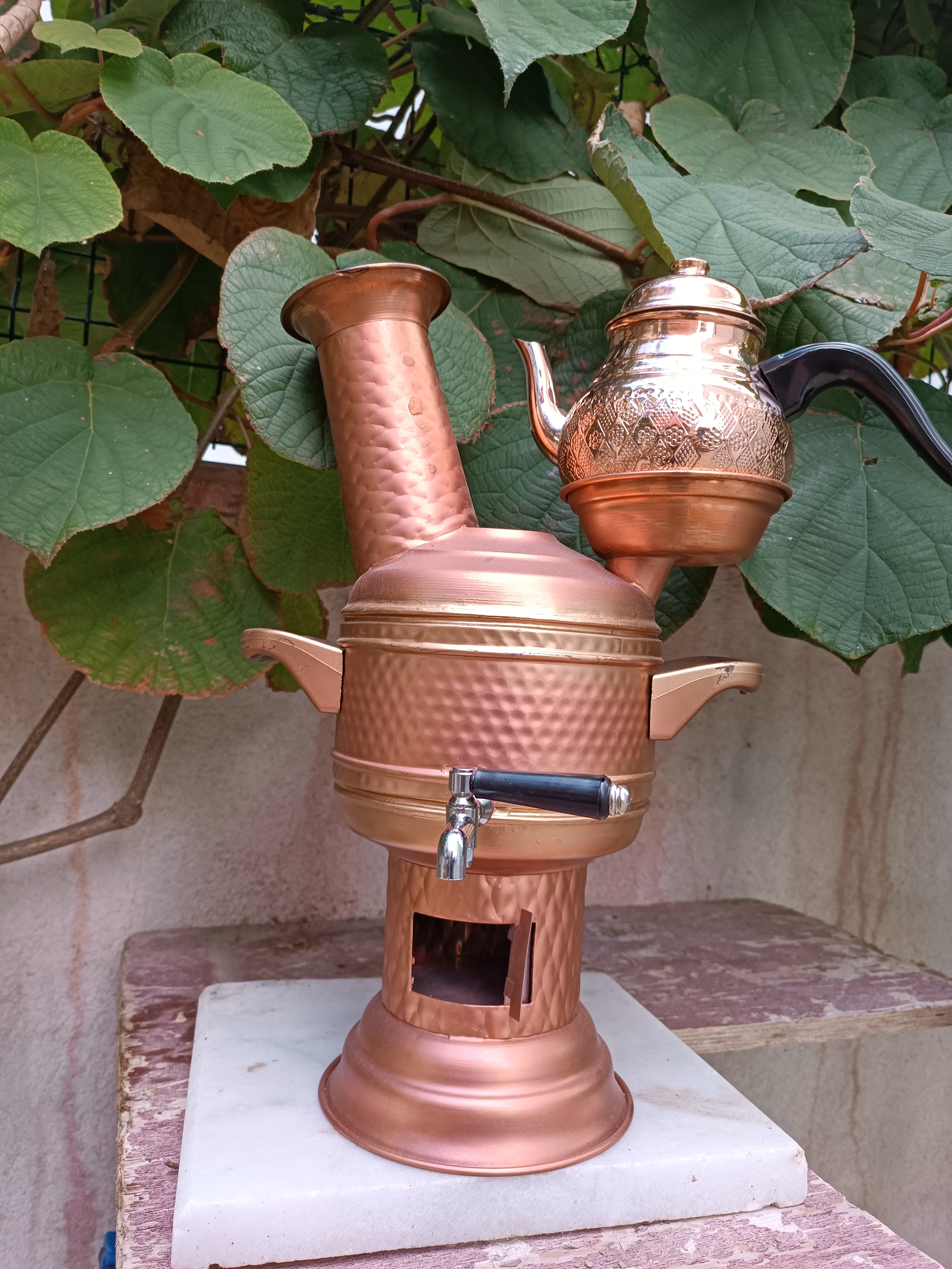 Bakır Semaver  yan bacalı  demlikli 2 litre