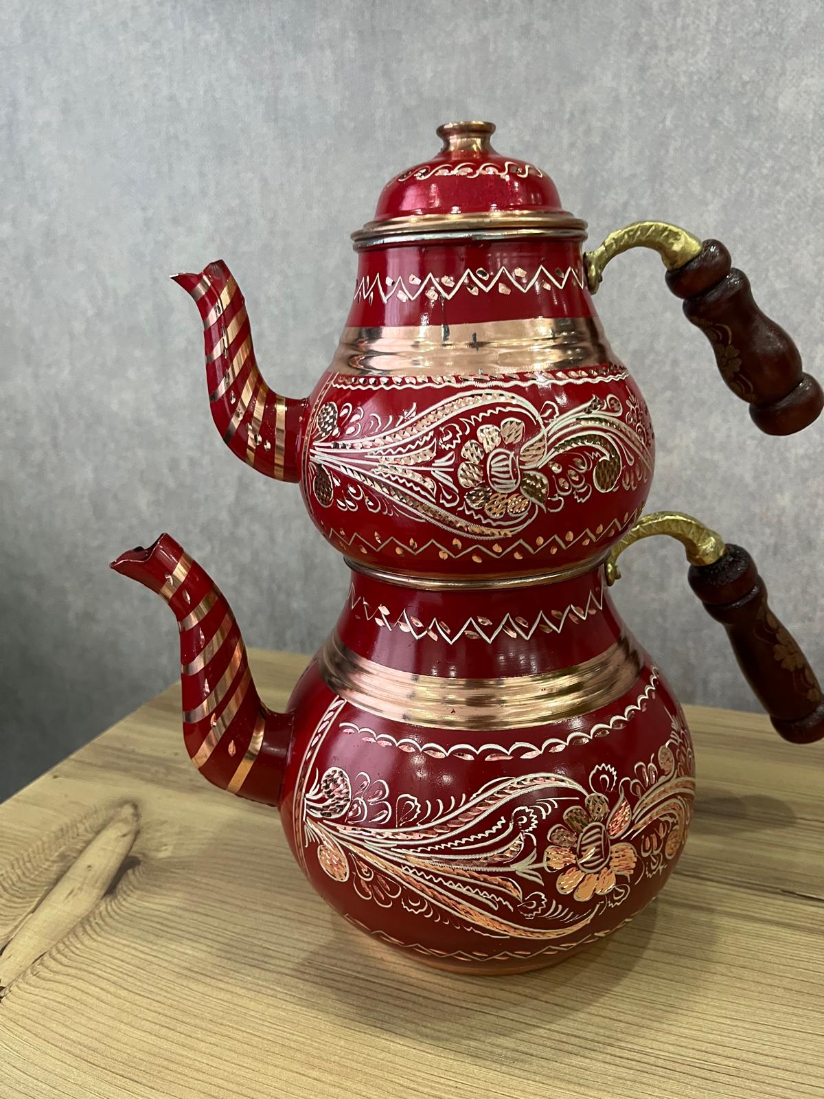Bakır Erzincan İşlemeli Kırmızı Çaydanlık Takımı